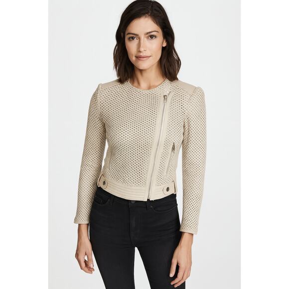 Joie Crochet Knit Lamb Leather Trim Jacket in Cream - Picture 1 of 14